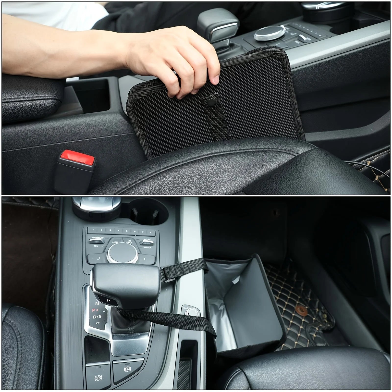 Car Seat Back Organizer with Hanging Trash Bin & Armrest Storage