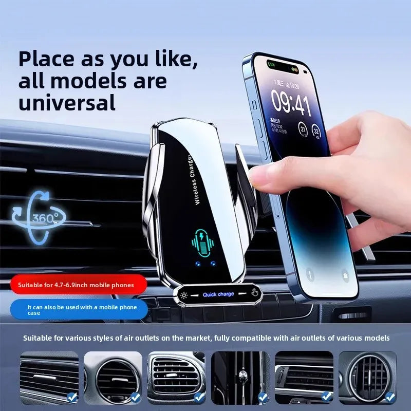 Wireless Car Phone Holder with Wireless Charger – Auto-Clamping Mount for iPhone & Android